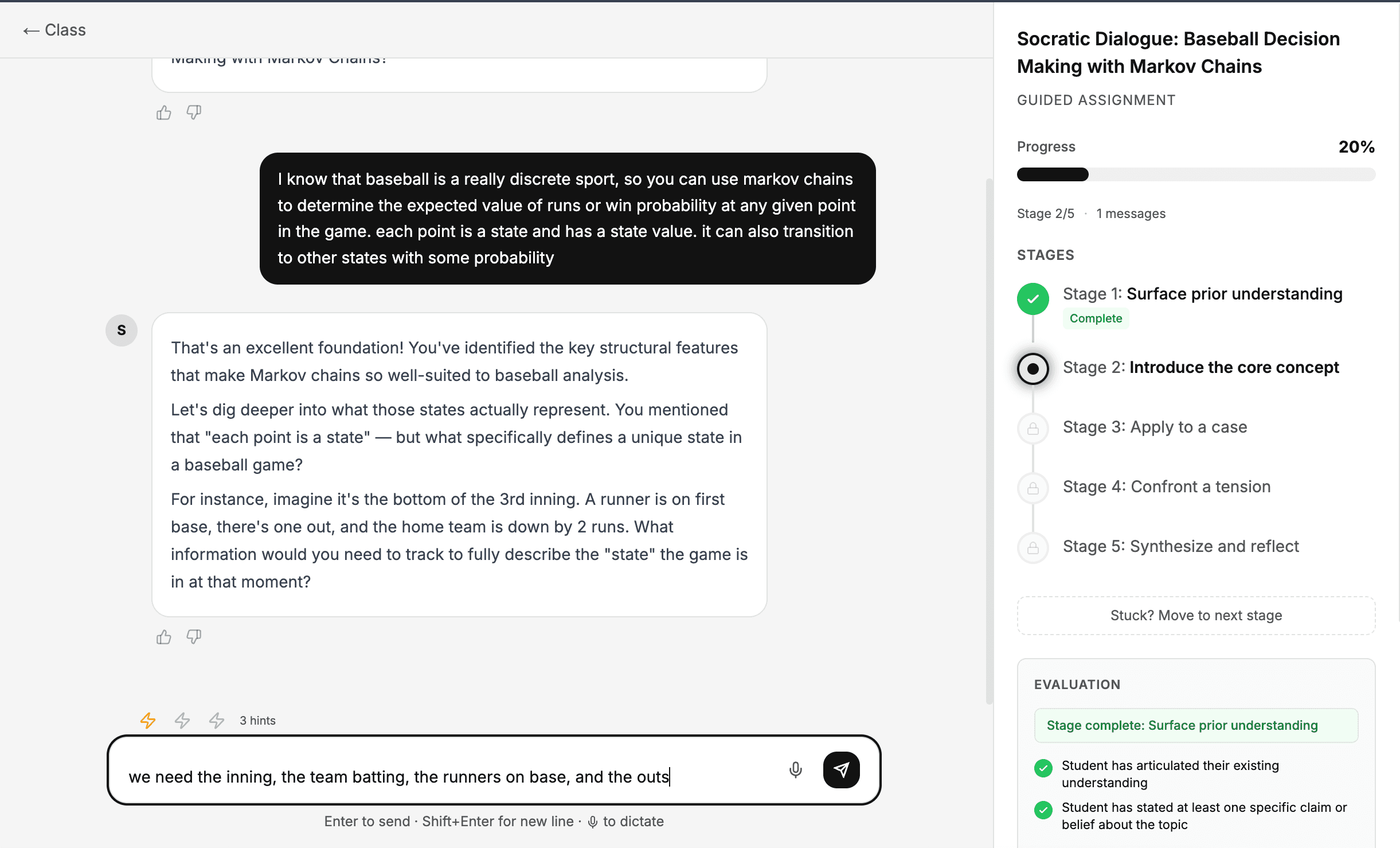 A student working through the staged assignment with a visible stage tracker