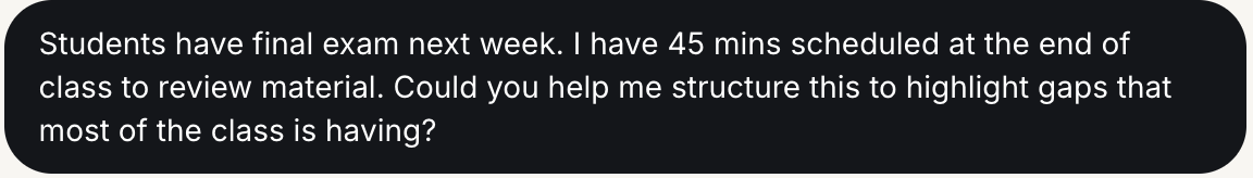 An instructor asking the Sympos AI Assistant to help structure an exam review around class-wide gaps
